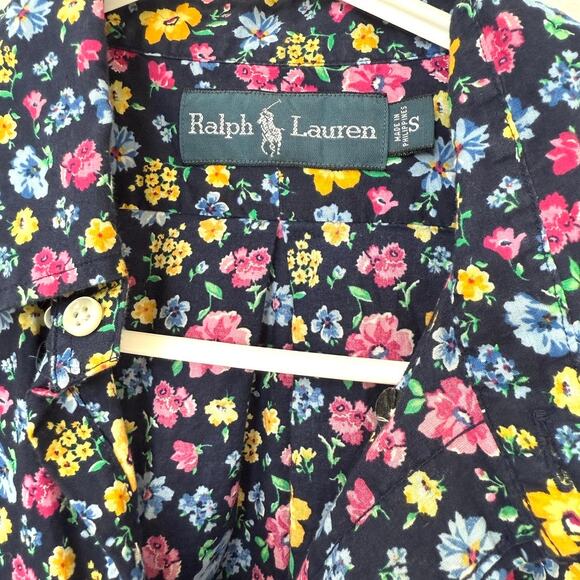 RALPH LAUREN Button Up Shirt Navy Multicolor Floral Cotton Long Sleeve Women S - Picture 2 of 5